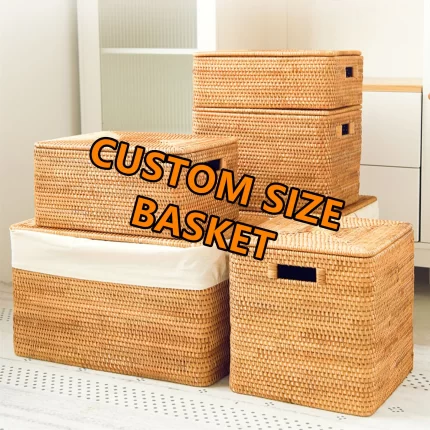 Custom size rattan woven storage baskets with liner and lid,rattan woven storage box, home decor