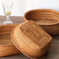 Handmade Square Bottom Circle Woven Fruit Wood Rattan Tray Basket 2