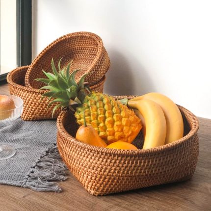 Handmade Square Bottom Circle Woven Fruit Wood Rattan Tray Basket 3